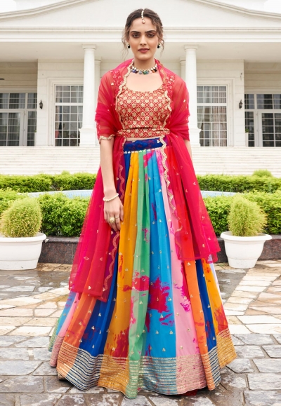 Faux georgette circular lehenga choli in Multicolor colour 148