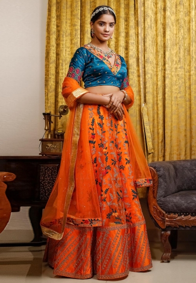 Net a line lehenga choli in Orange colour 1017