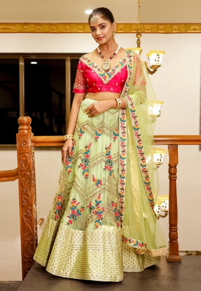 Net a line lehenga choli in Pista green colour 1018