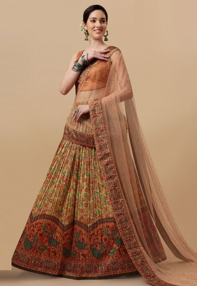 Silk kalamkari circular lehenga choli in Mustard colour 1507