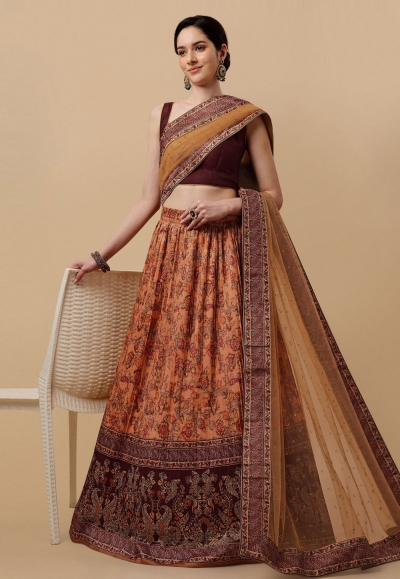 Silk kalamkari circular lehenga choli in Mustard colour 1503