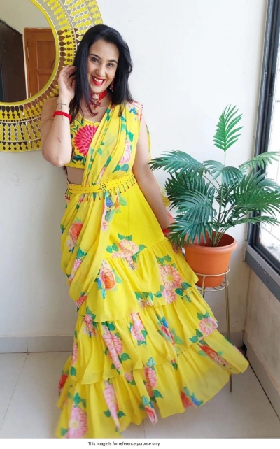 Bollywood Model Yellow georgette floral ruffle lehenga saree