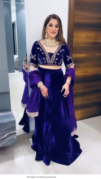 Bollywood Model Violet velvet wedding lehenga