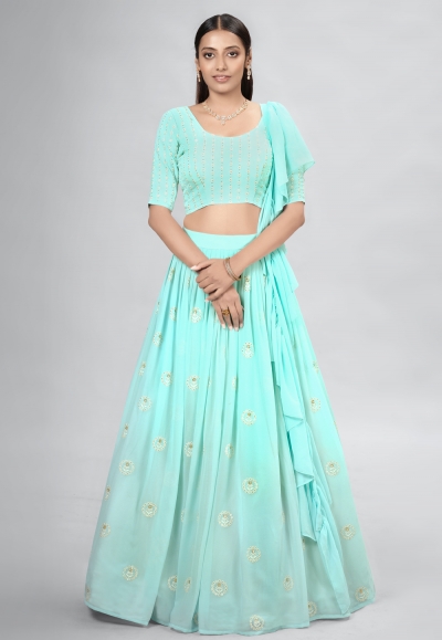 Georgette a line lehenga choli in Turquoise colour DRS10001