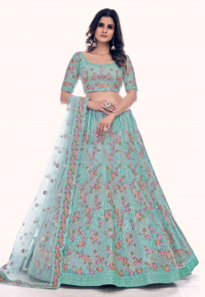 Soft net circular lehenga choli in Sea green colour 36009