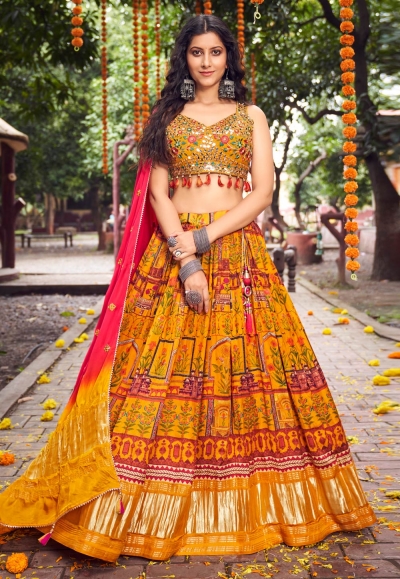 Silk readymade circular lehenga choli in Mustard colour 106