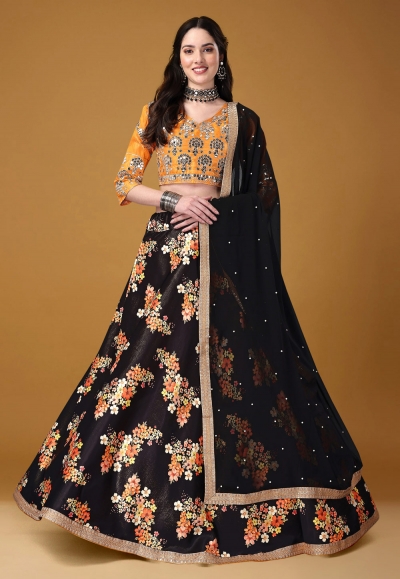 Satin silk a line lehenga choli in Black colour 11002