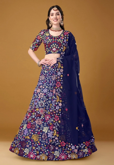 Satin silk a line lehenga choli in Navy blue colour 11004