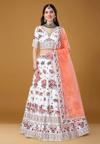 Satin silk a line lehenga choli in White colour 11005