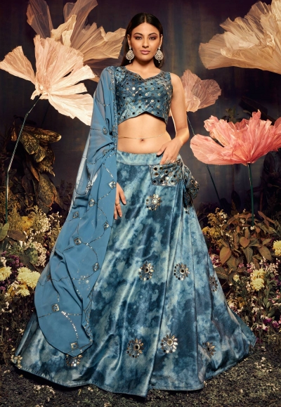 Velvet circular lehenga choli in Sky blue colour 2271