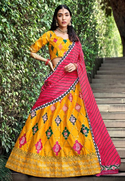 Silk circular lehenga choli in Yellow colour 2221