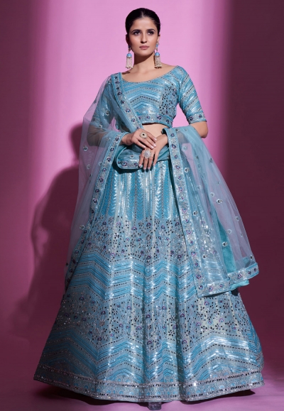 Silk a line lehenga choli in Aqua colour 34002