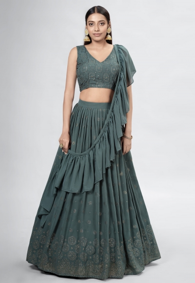 Georgette a line lehenga choli in Camo green colour DRS11007