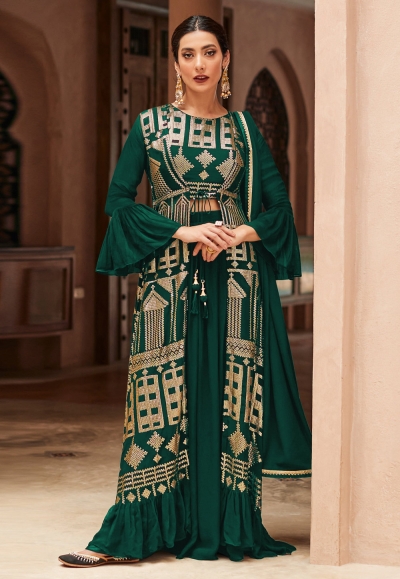 Faux georgette jacket style suit in Green colour 9441C