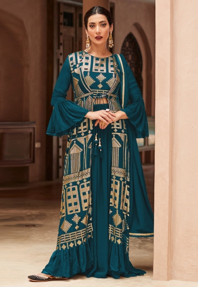 Faux georgette jacket style suit in Teal colour 9441E