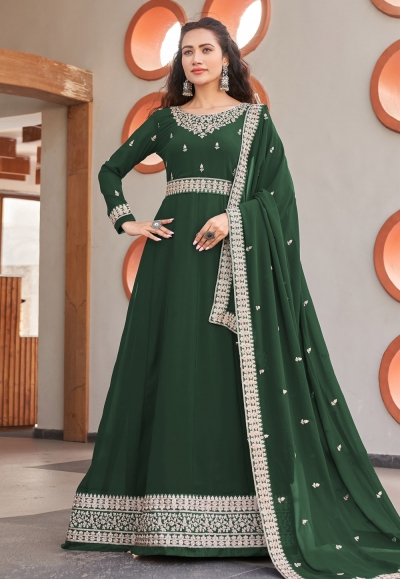 Faux georgette long Anarkali suit in Green colour 1001A