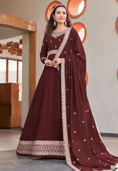 Faux georgette abaya style Anarkali suit in Maroon colour 1001D