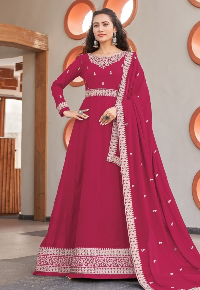 Faux georgette abaya style Anarkali suit in Pink colour 1001F
