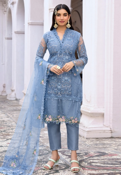 Net embroidered pakistani suit in Sky blue colour 2012