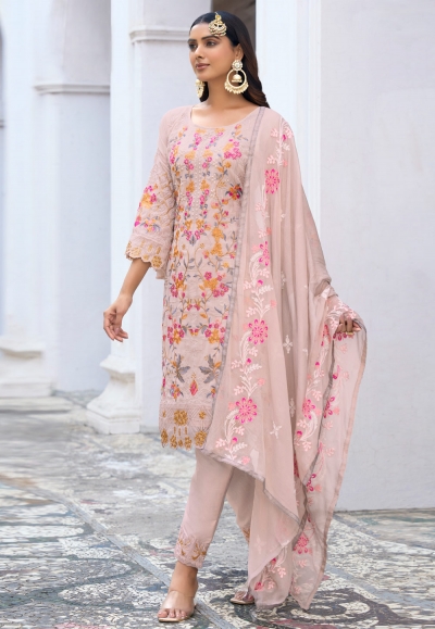 Faux georgette embroidered pant style suit in Pink colour 2013