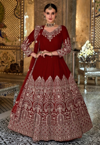 Velvet long Anarkali suit in Maroon colour 2042A