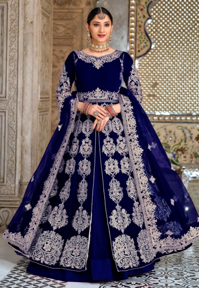 Velvet long choli lehenga in Navy blue colour 2043C