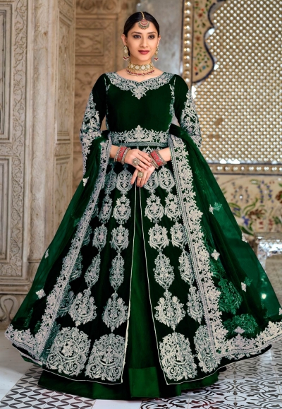 Velvet indo western lehenga choli in Green colour 2043D