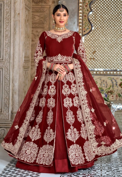 Velvet long choli lehenga in Maroon colour 2043A