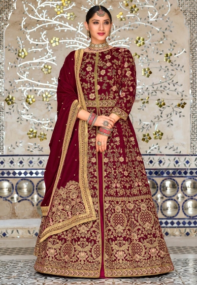 Velvet long Anarkali suit in Maroon colour 2044A