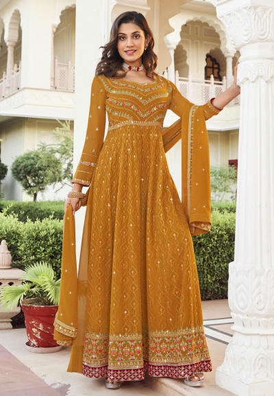 Georgette long Anarkali suit in Mustard colour 1013