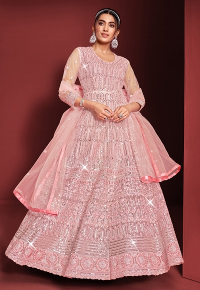 Net abaya style Anarkali suit in Pink colour 7954