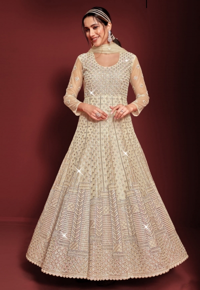 Net long Anarkali suit in Beige colour 7955