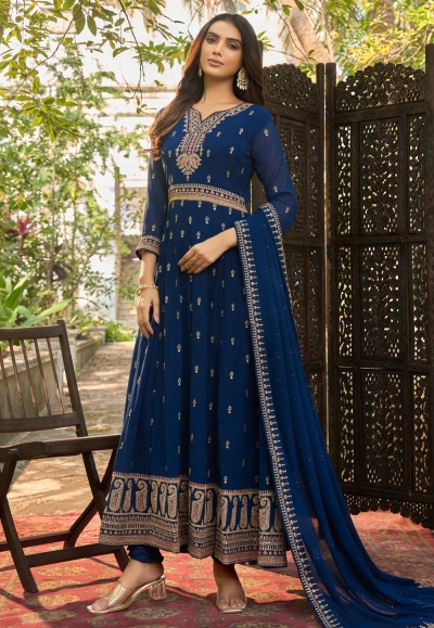 Faux georgette long Anarkali suit in Navy blue colour 1023