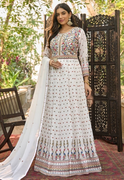 Faux georgette long Anarkali suit in White colour 1025