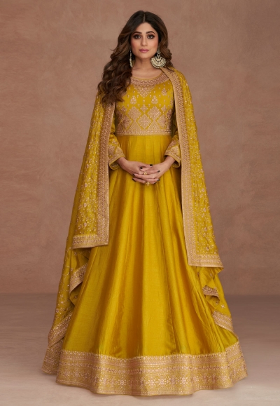 Shamita shetty Silk abaya style Anarkali suit in mustard colour 9519