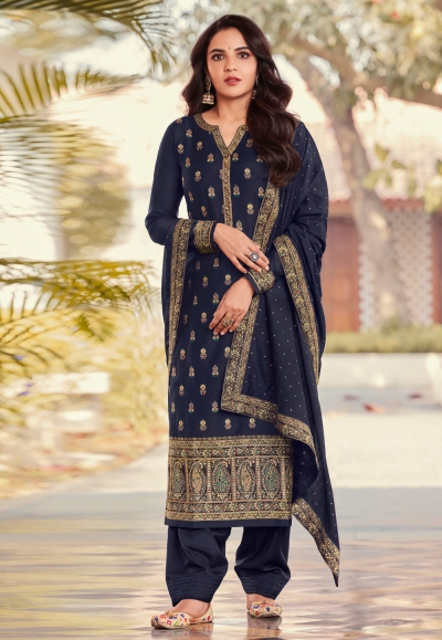 Jacquard pakistani suit in Navy blue colour 17024