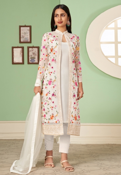 Georgette pant style suit in White colour 2052B