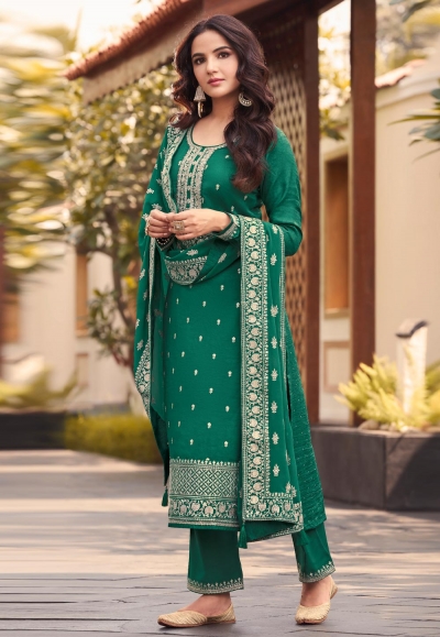 Silk pakistani suit in Green colour 16084