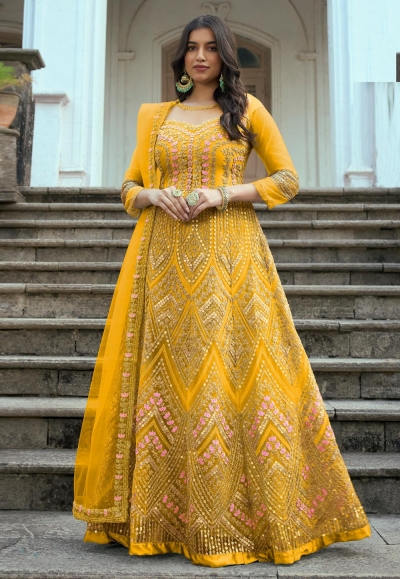 Net abaya style Anarkali suit in Yellow colour 1002E