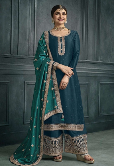 Prachi desai Silk georgette palazzo suit in teal colour 63871