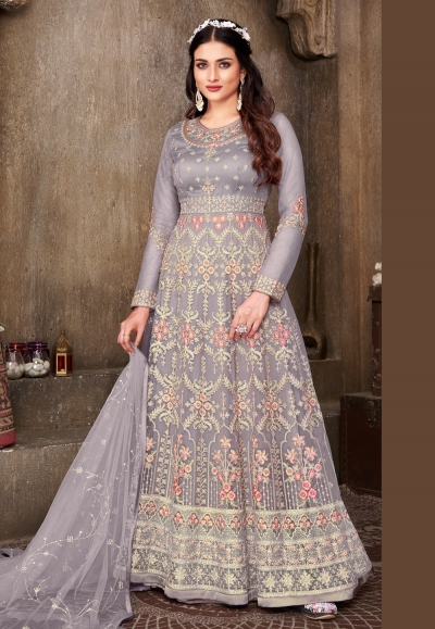 Net abaya style Anarkali suit in Grey colour 626A