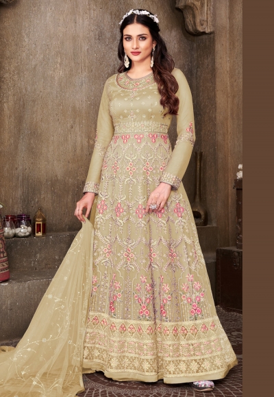 Net abaya style Anarkali suit in Mustard colour 626C