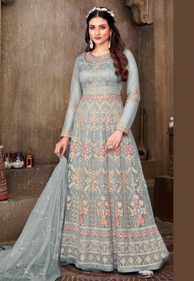 Net long Anarkali suit in Grey colour 626D