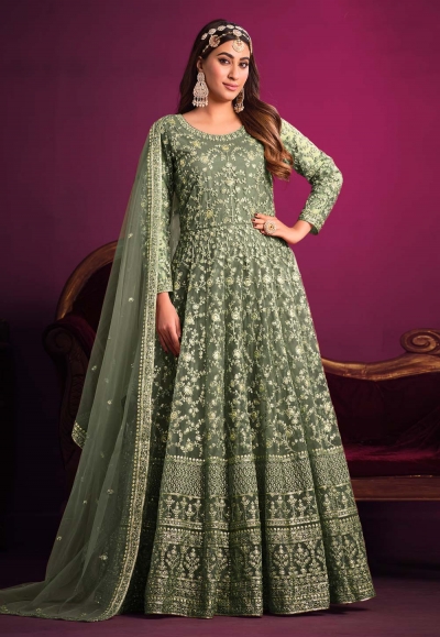 Net embroidered abaya style Anarkali suit in Green colour 5302