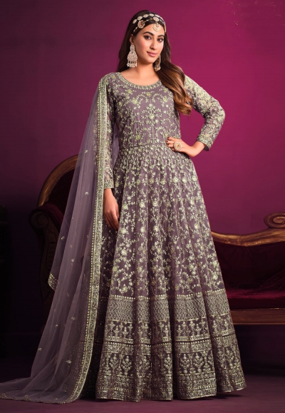 Net embroidered long Anarkali suit in Light purple colour 5303