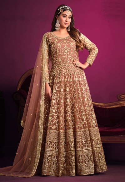 Net embroidered abaya style Anarkali suit in Golden colour 5304