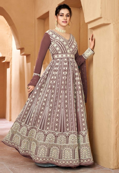 Georgette long Anarkali suit in Brown colour 2018