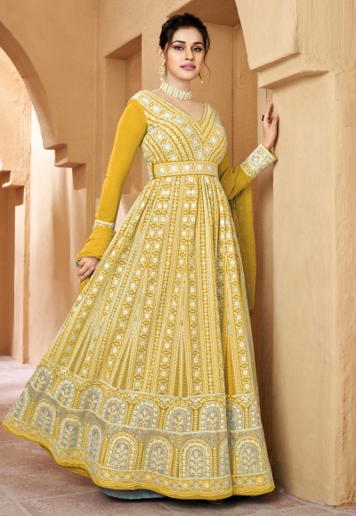 Georgette abaya style Anarkali suit in Mustard colour 2017