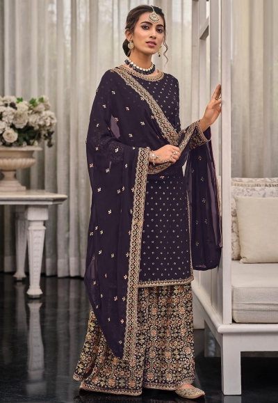 Georgette palazzo suit in Dark Purple colour 1448C