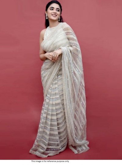 Kollywood Priyanka Mohan inspired beige net sequins saree